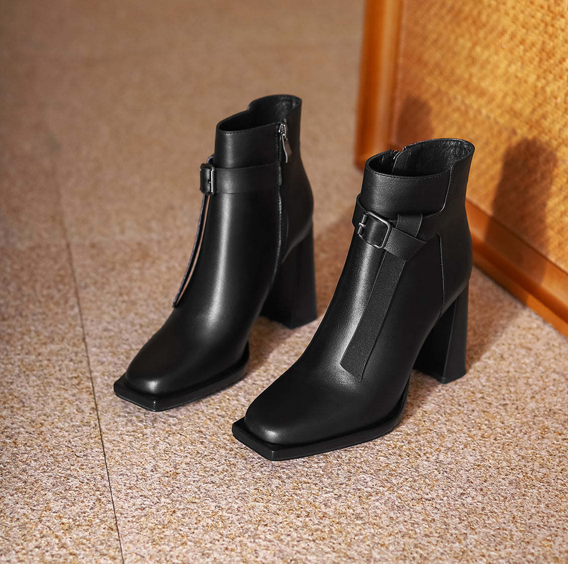 Nine Seven Women's Genuine Leather Square Toe Handmade Buckle Belt Side Zip Up Chic Ankle Boots with High Heel