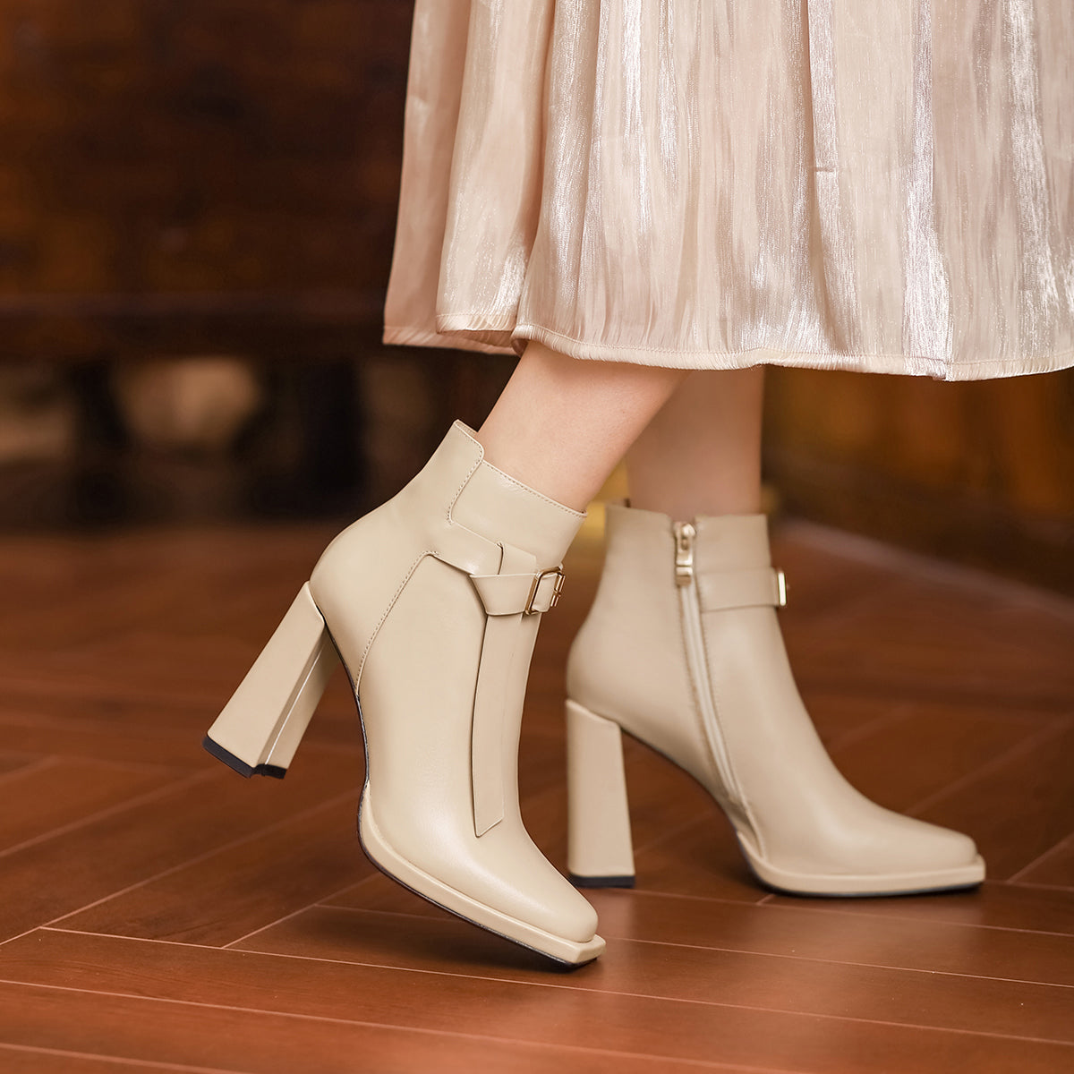 Nine Seven Women's Genuine Leather Square Toe Handmade Buckle Belt Side Zip Up Chic Ankle Boots with High Heel