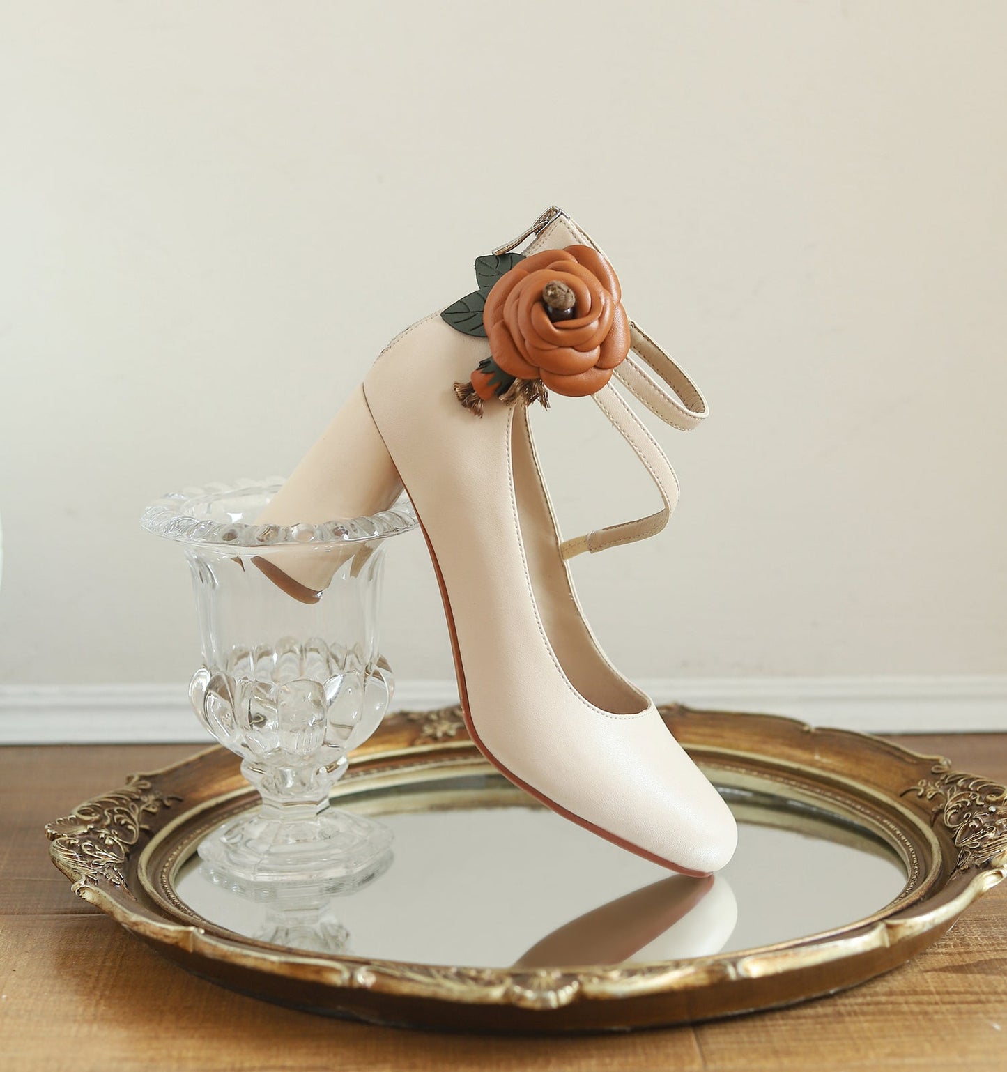 Nine Seven Handmade Women's Elegant Genuine Leather Décor Flower Ankle Strap Round Toe High Block Heel Pumps Shoes