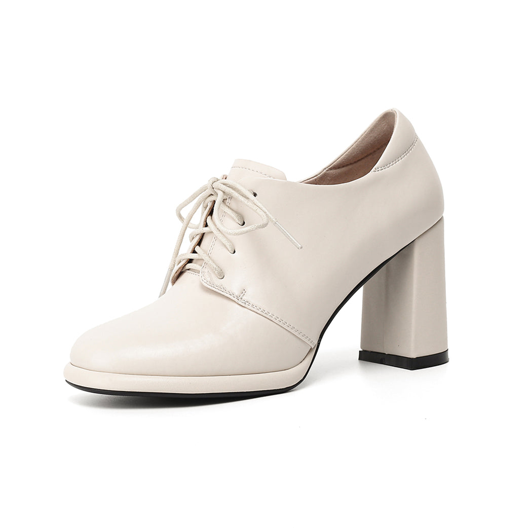 Nine Seven Women's Genuine Leather Square Toe Handmade Lace-Up High Chunky Heels Chic Oxford Shoes with Platform