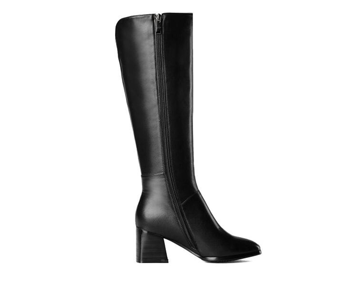 Nine Seven Genuine Leather Women's Square Toe Mid Chunky Heel Handmade Side Zip Up Knee High Boots