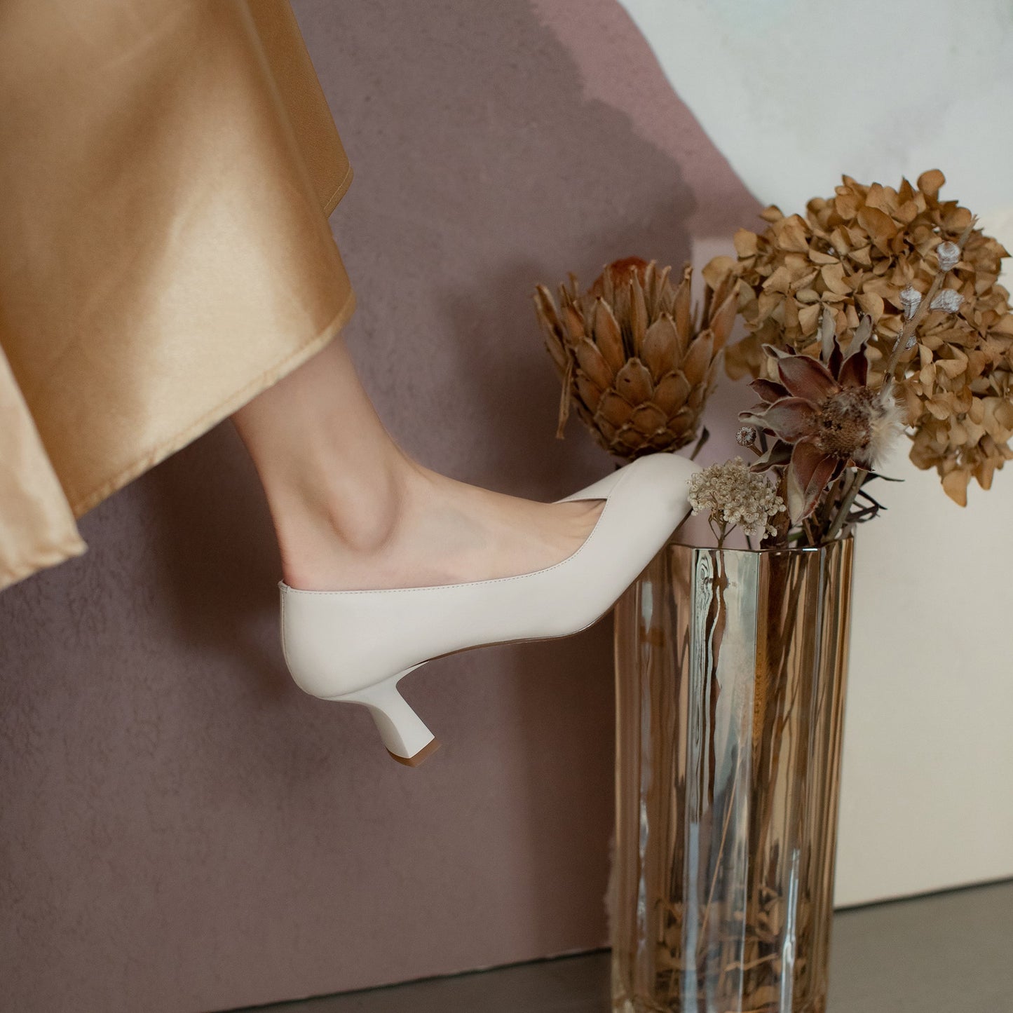 Nine Seven Genuine Leather Handmade Women's Square Toe Unique Mid Heel Slip On Comfortable Pumps