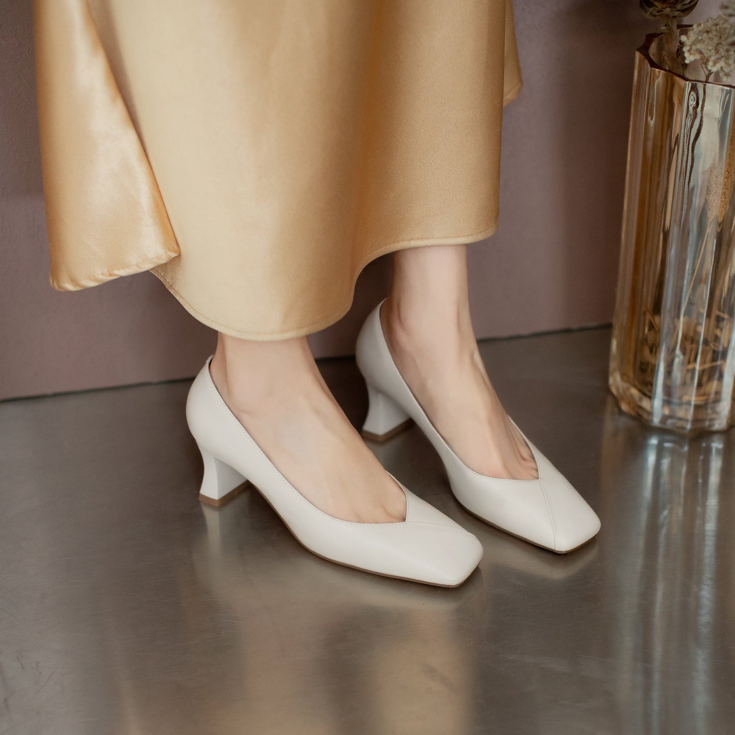 Nine Seven Genuine Leather Handmade Women's Square Toe Unique Mid Heel Slip On Comfortable Pumps