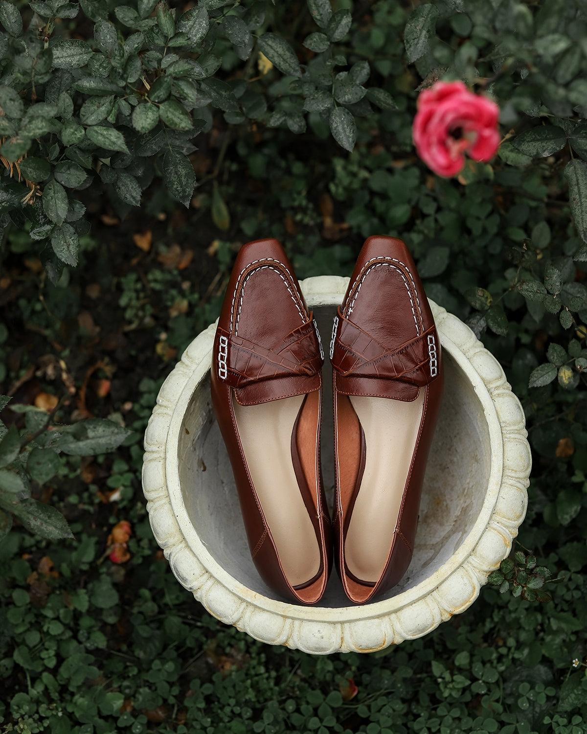 Nine Seven Genuine Leather Women's Handmade Square Toe Low Chunky Heel Classic Oxford Pump Shoes with Sewing Thread Decor