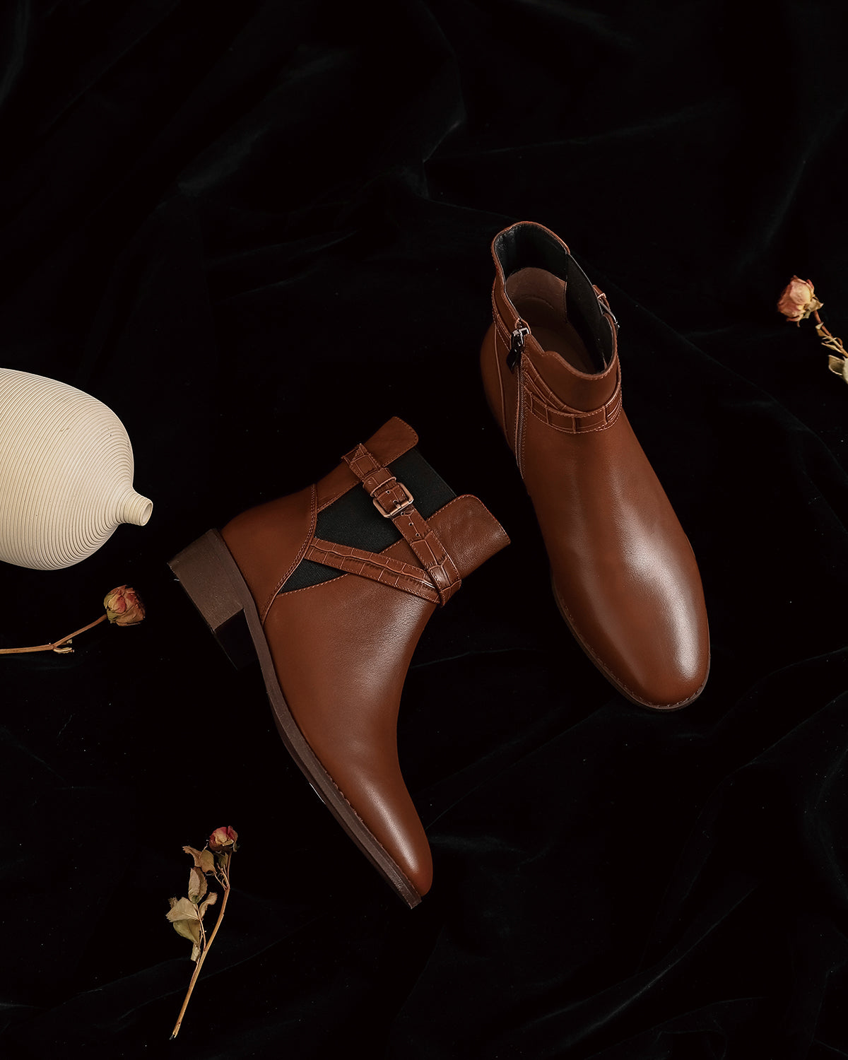 Nine Seven Women's Genuine Leather Round Toe Handmade Zipper Low Chunky Heels Retro Ankle Boots with Buckle