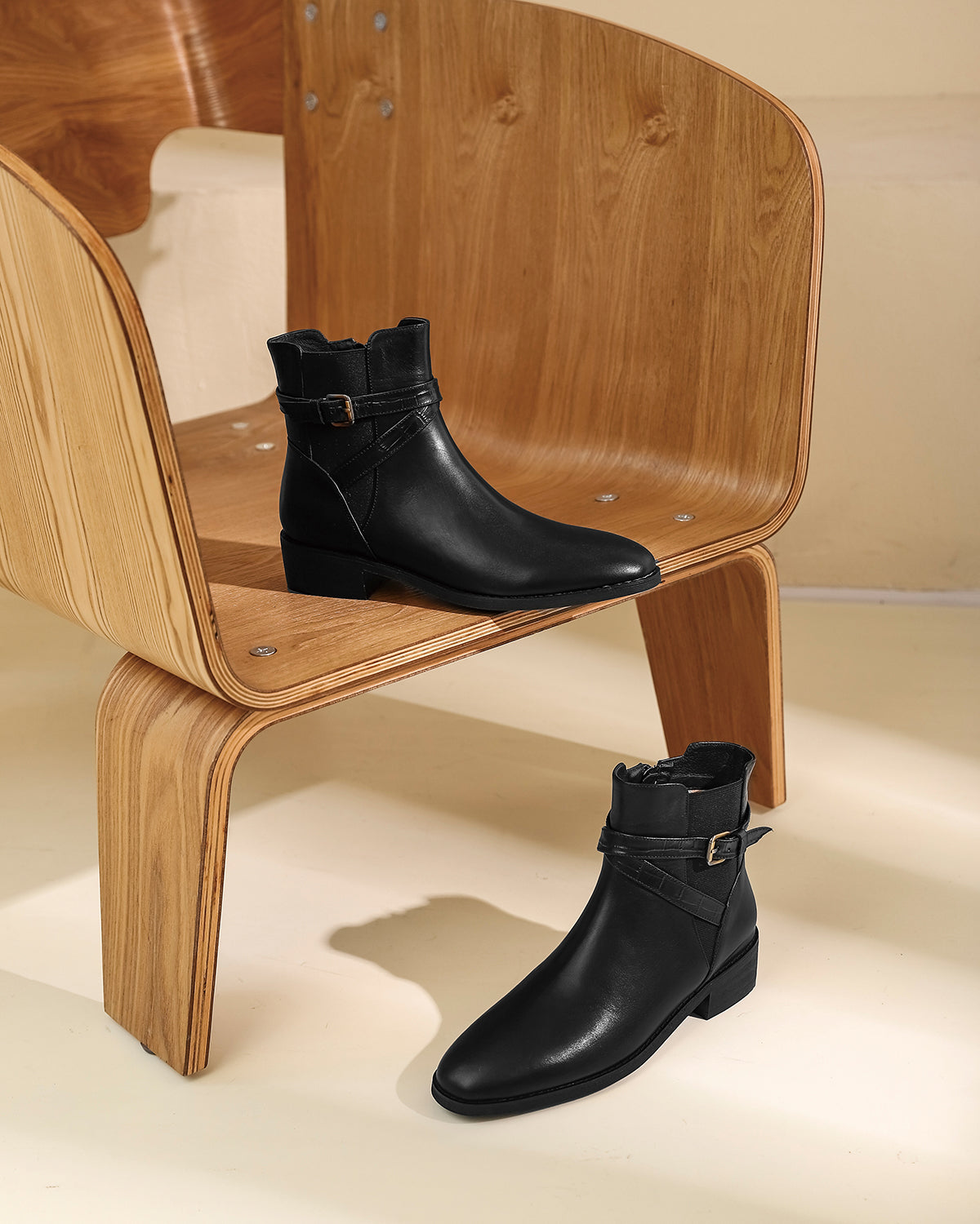 Nine Seven Women's Genuine Leather Round Toe Handmade Zipper Low Chunky Heels Retro Ankle Boots with Buckle