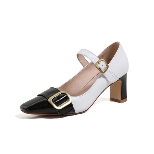 Nine Seven Genuine Leather Women's Handmade Littele Square Toe Buckle Mid Chunky Heel Classic Mary Jane Pump Shoes