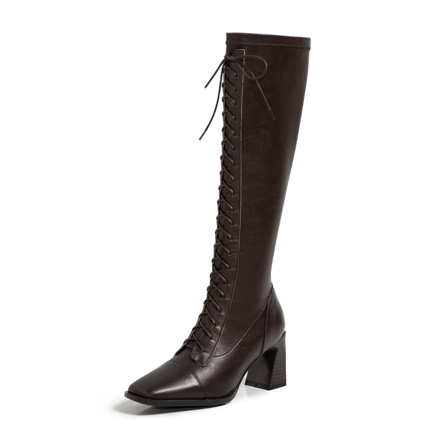 Nine Seven Women's Handmade Genuine Leather Square Toe Mid Spool Heel Side Zip Up Knee High Boots with Cool Adjustable Band