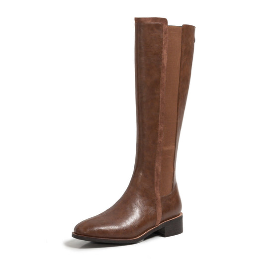 Nine Seven Women's Handmade Genuine Leather Round Toe Comfortable Low Chunky Heel Back Zip Up Knee High Riding Boots