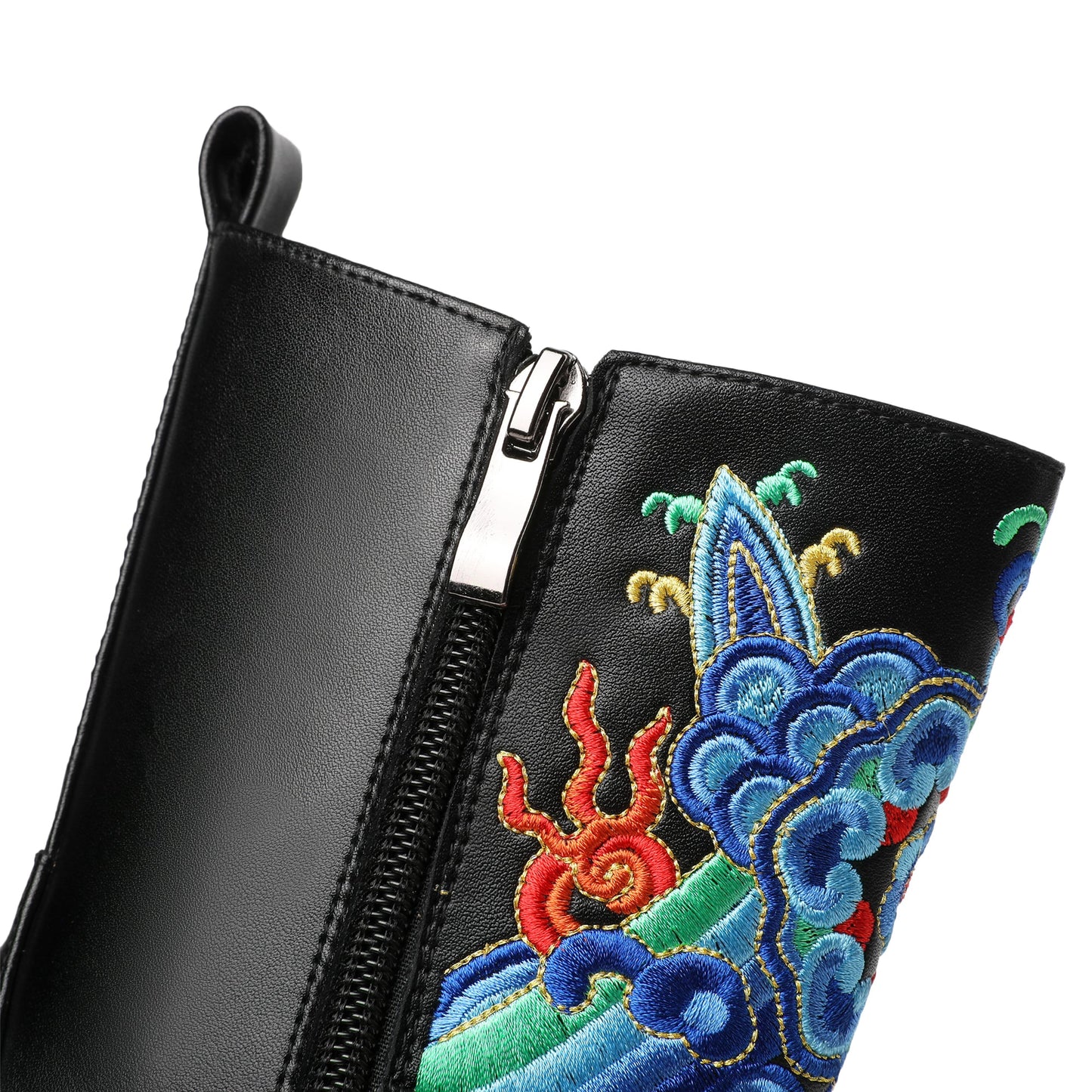 Nine Seven Handmade Women's Genuine Leather Ethnic Embroidered Pointed Toe Low Chunky Heel Side Zipper Mid-Calf Boots