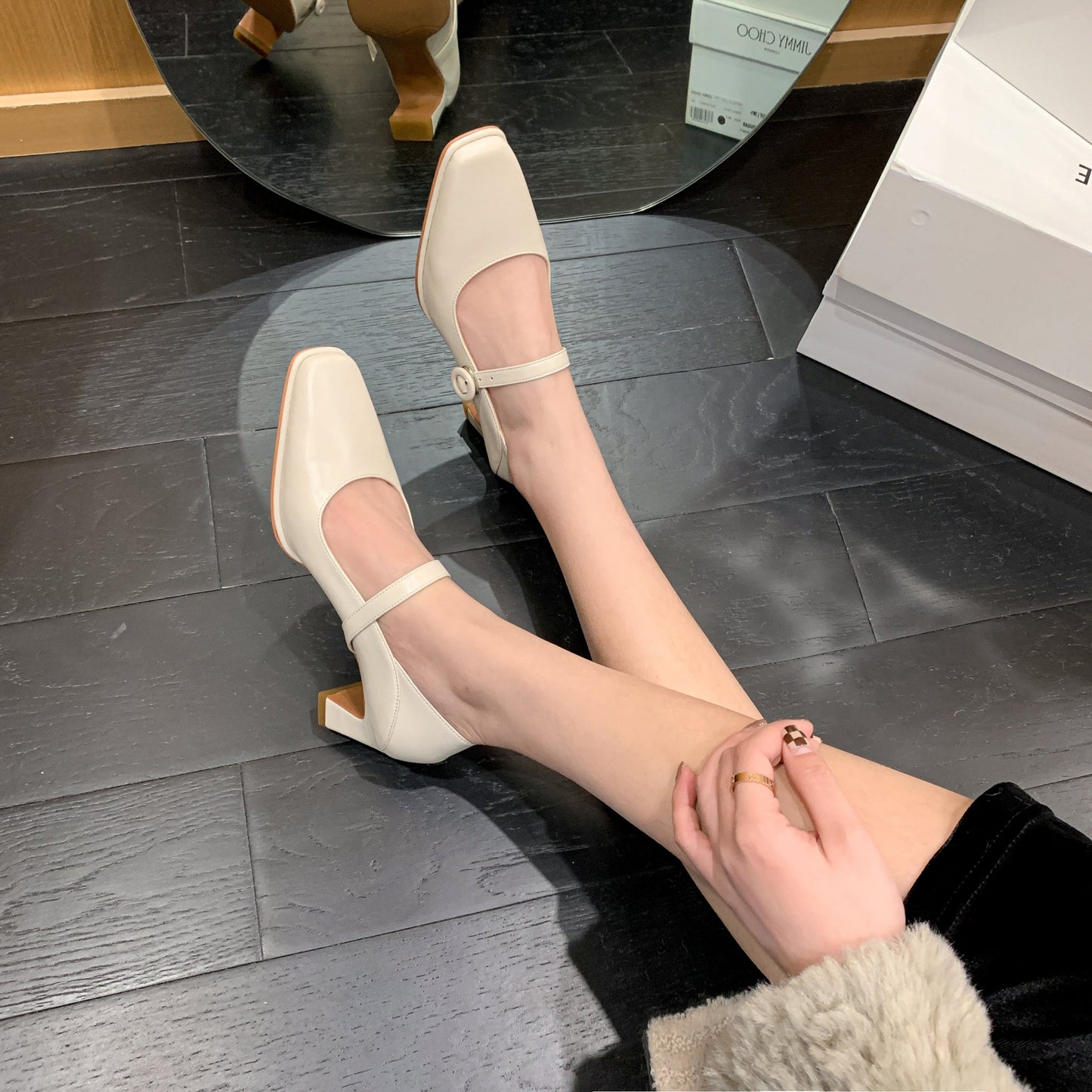 Nine Seven Women's Genuine Leather Handmade Classic Square Toe Mid Heel Buckle Closure Mary Jane Pumps