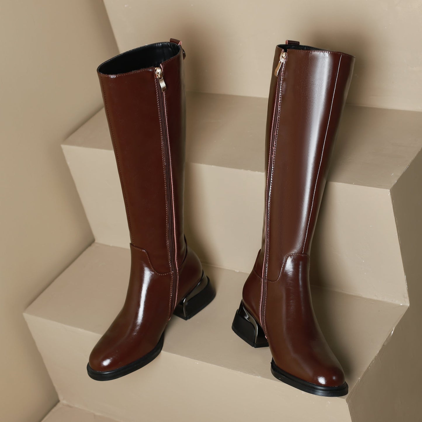 Nine Seven Women's Genuine Leather Handmade Side Zip Up Round Toe Mid Chunky Heel Knee High Riding Boots