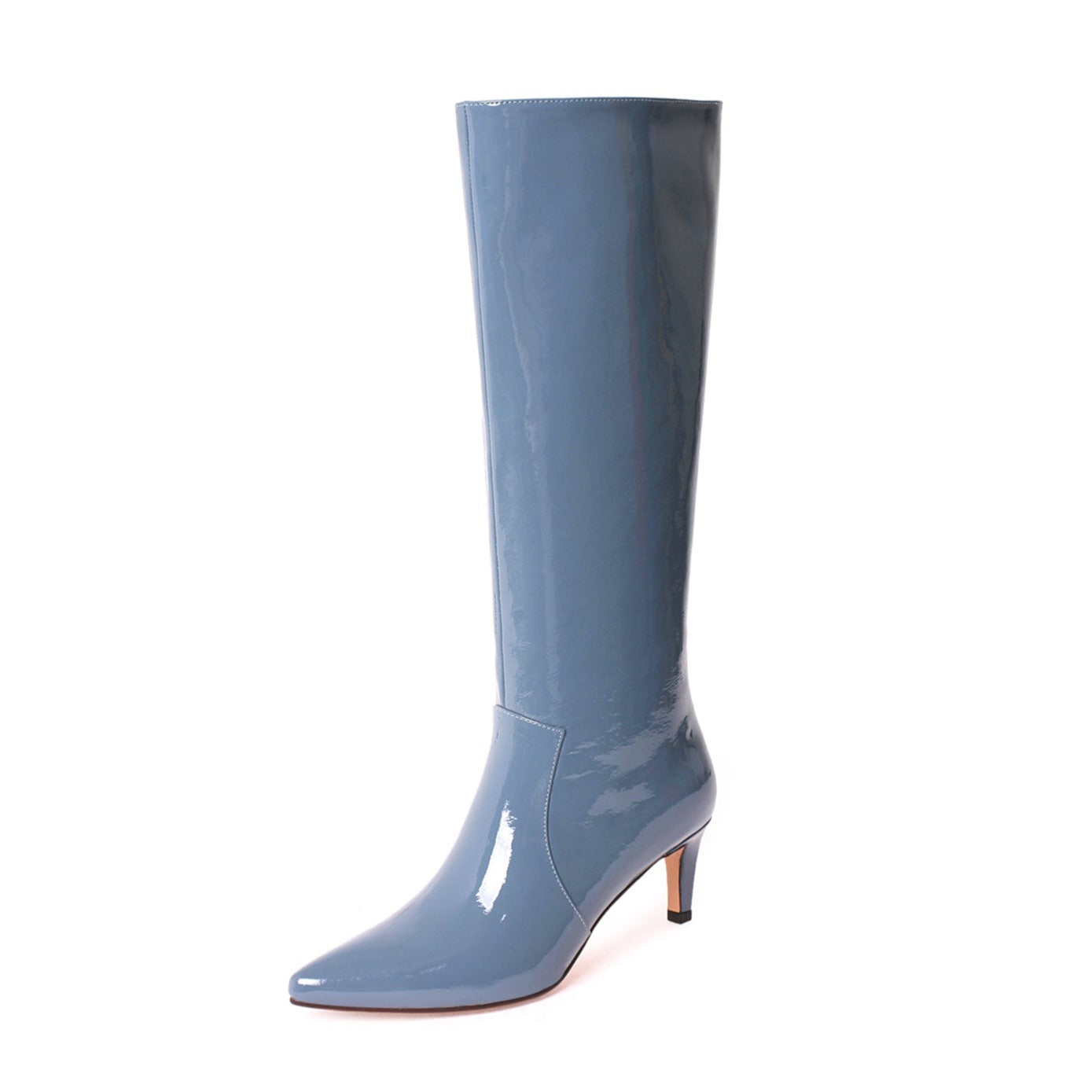 Nine Seven Women's Glossy Patent Leather Handmade Stiletto Mid Heel Pointed Toe Side Zipper Knee High Boots