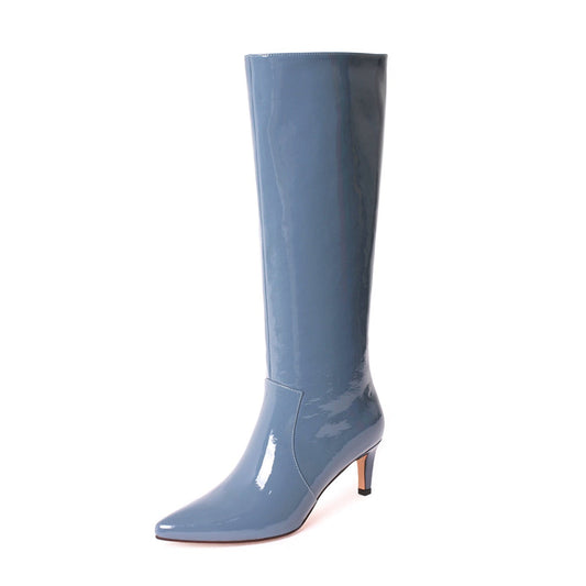 Nine Seven Women's Glossy Patent Leather Handmade Stiletto Mid Heel Pointed Toe Side Zipper Knee High Boots