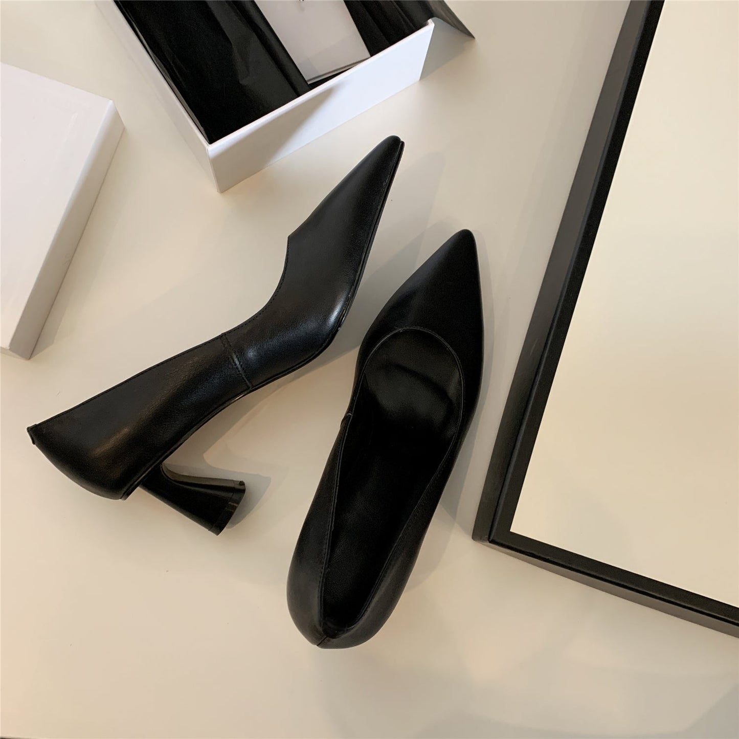 Nine Seven Women's Handmade Genuine Leather Pointed Toe Mid Heel Office Lady Slip On Pumps Shoes