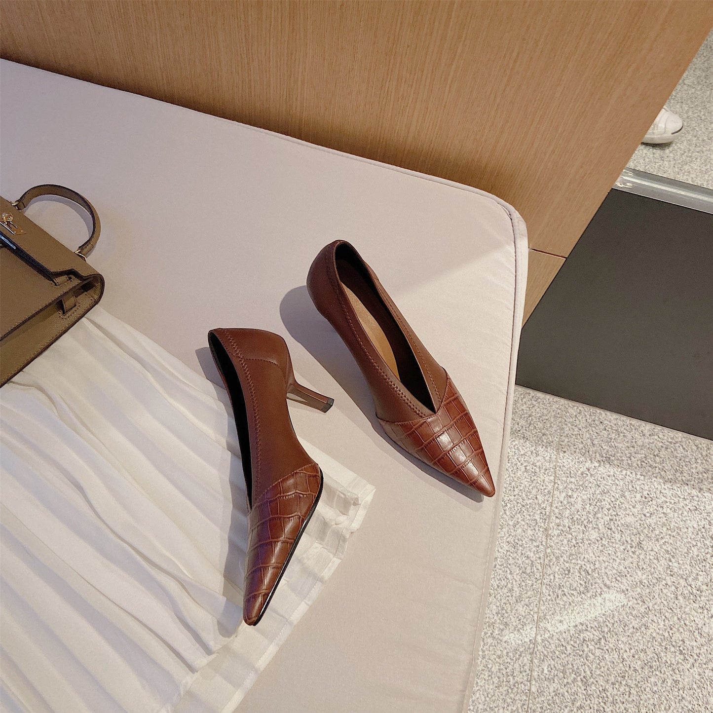 Nine Seven Genuine Leather Women's Handmade Clear Pointed Toe Mid Stiletto Heel Stylish Slip On Loafer Pump Shoes