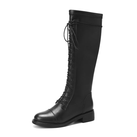 Nine Seven Women's Round Toe Genuine Leather Handmade Selftie Low Chunky Heel Cool Knee High Boots