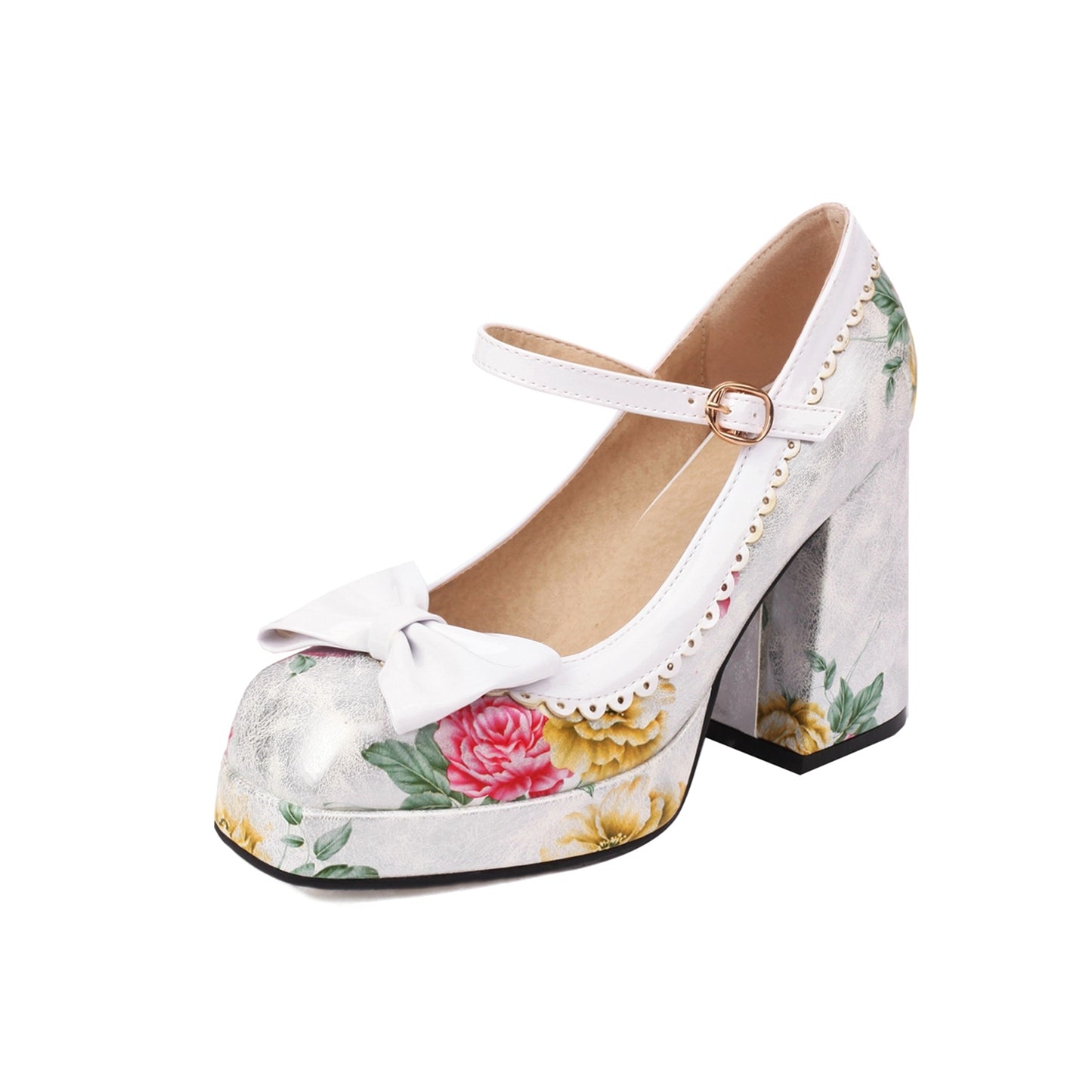 Nine Seven Women's Handmade Square Toe Floral Platform Bowknot Buckle Block Heel Wedding Party Pumps Shoes