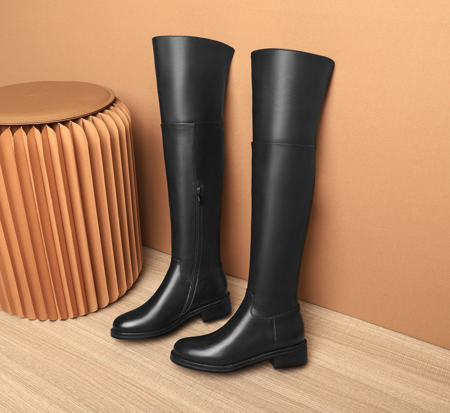 Nine Seven Women's Genuine Leather Round Toe Handmade Half Side Zipper Low Chunky Heel Over Knee Boots
