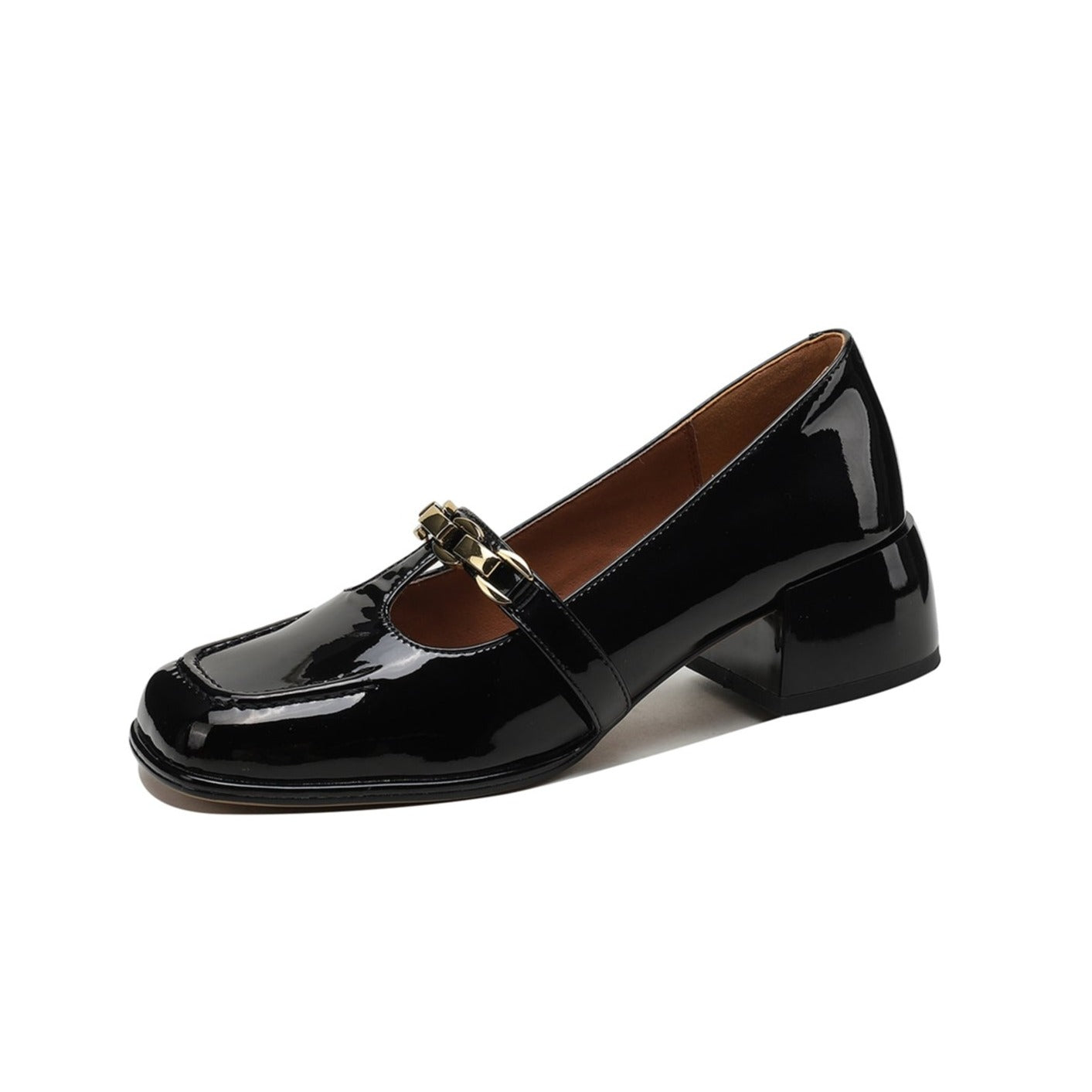Nine Seven Handmade Women's Patent Leather Chain T-Strap Square Toe Low Chunky Heel Mary Janes Pumps Shoes