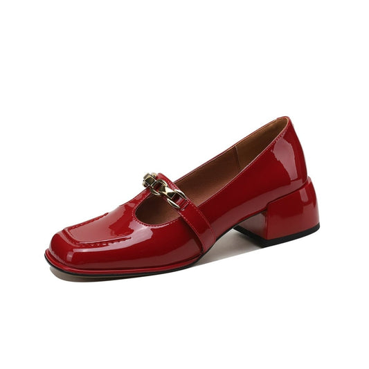 Nine Seven Handmade Women's Patent Leather Chain T-Strap Square Toe Low Chunky Heel Mary Janes Pumps Shoes
