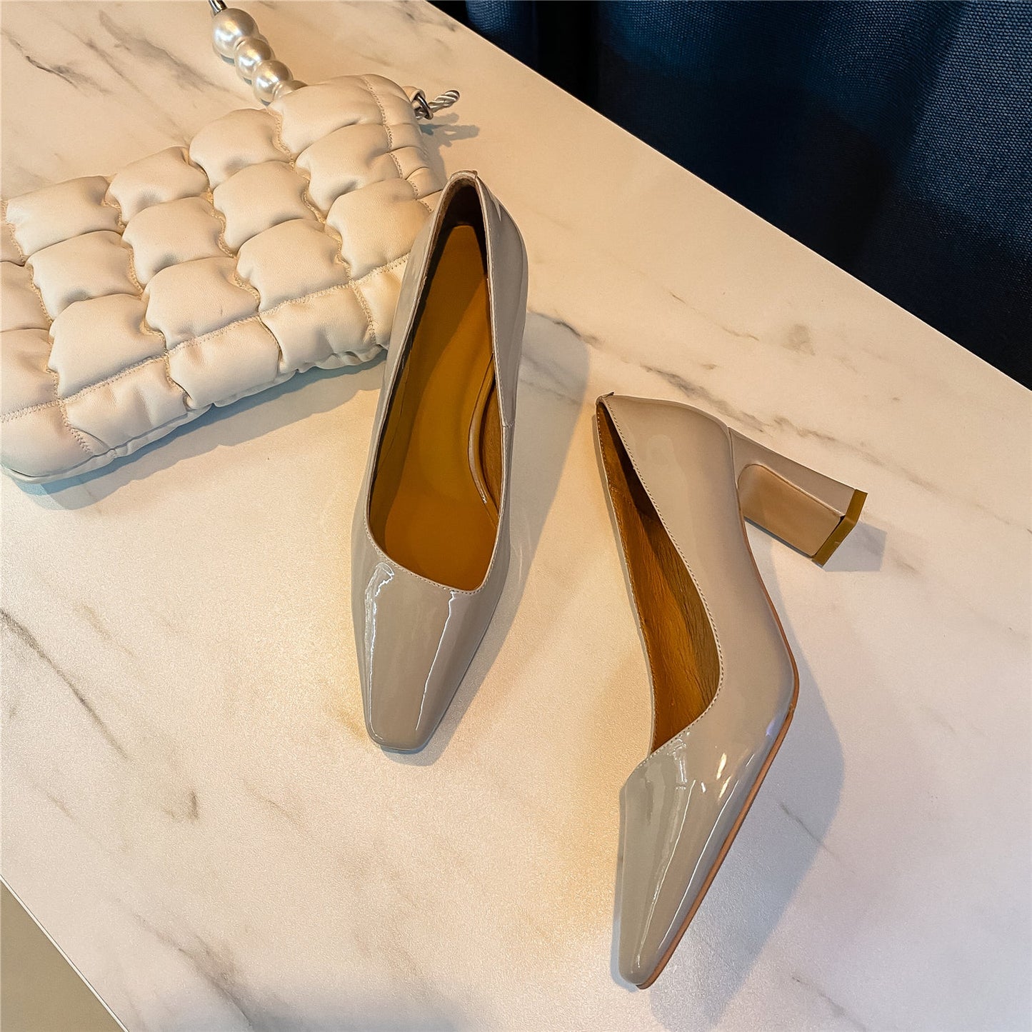 Nine Seven Women's Patent Leather Handmade Square Toe Mid Heels Slip On Chic Pumps Shoes