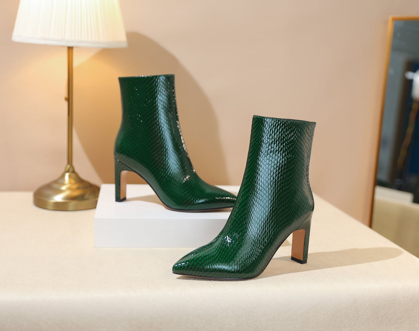 Nine Seven Women's Patent Leather Handmade Side Zip Pointed Toe High Chunky Heel Dress Ankle Boots