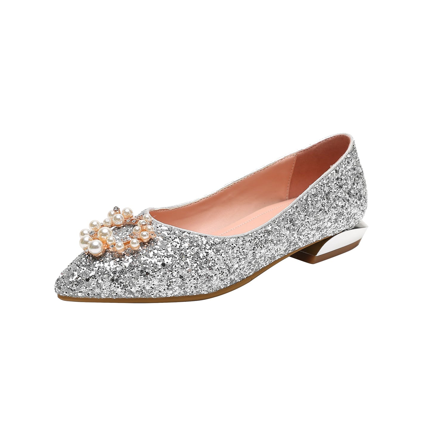 Nine Seven Women's Handmade Glitter Pointed Toe Pearls Pattern Slip On Flat Weeding Shoes