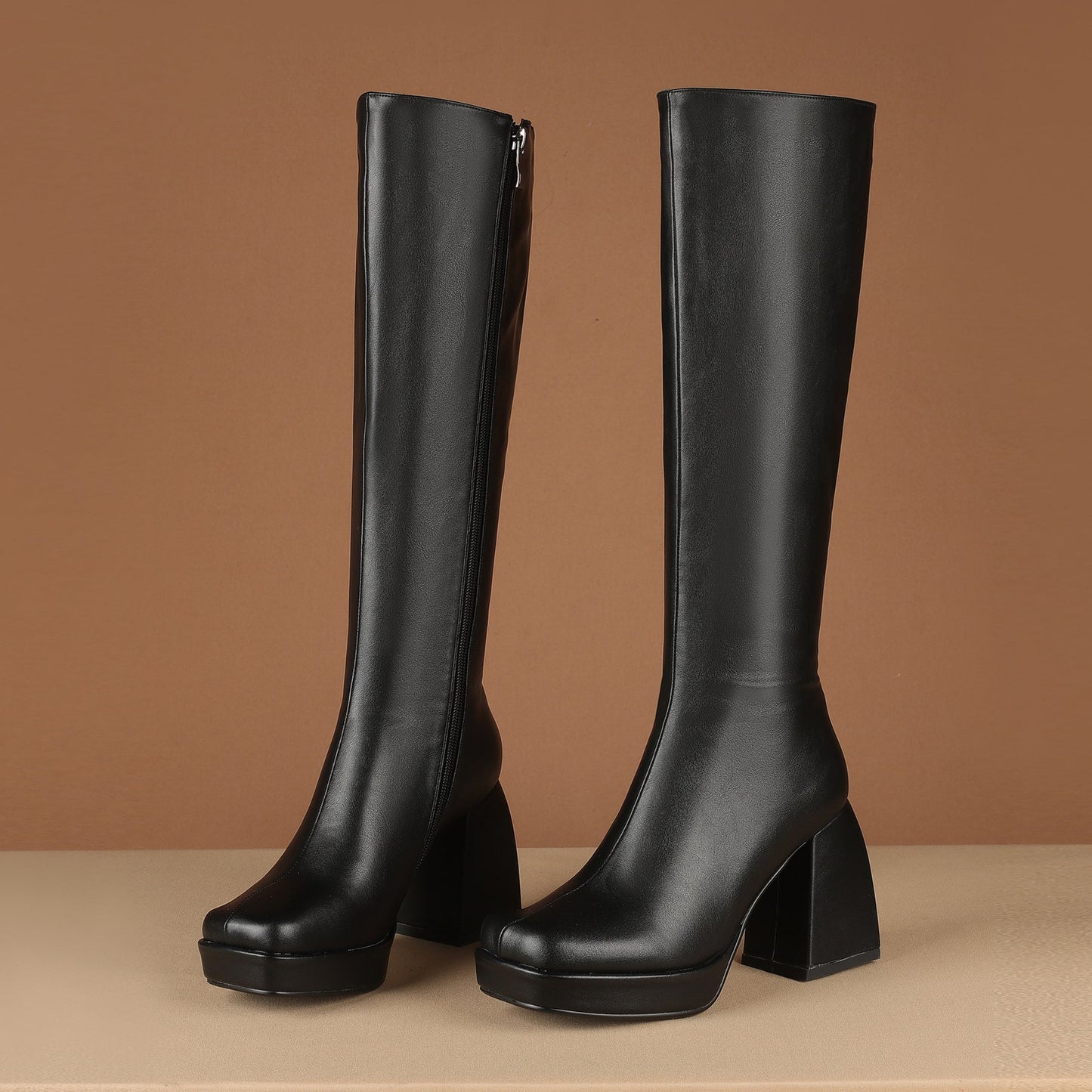 Nine Seven Women's Genuine/Patent Leather Square Toe Handmade Zipper Chunky Heels Chic Knee High Boots with Platform