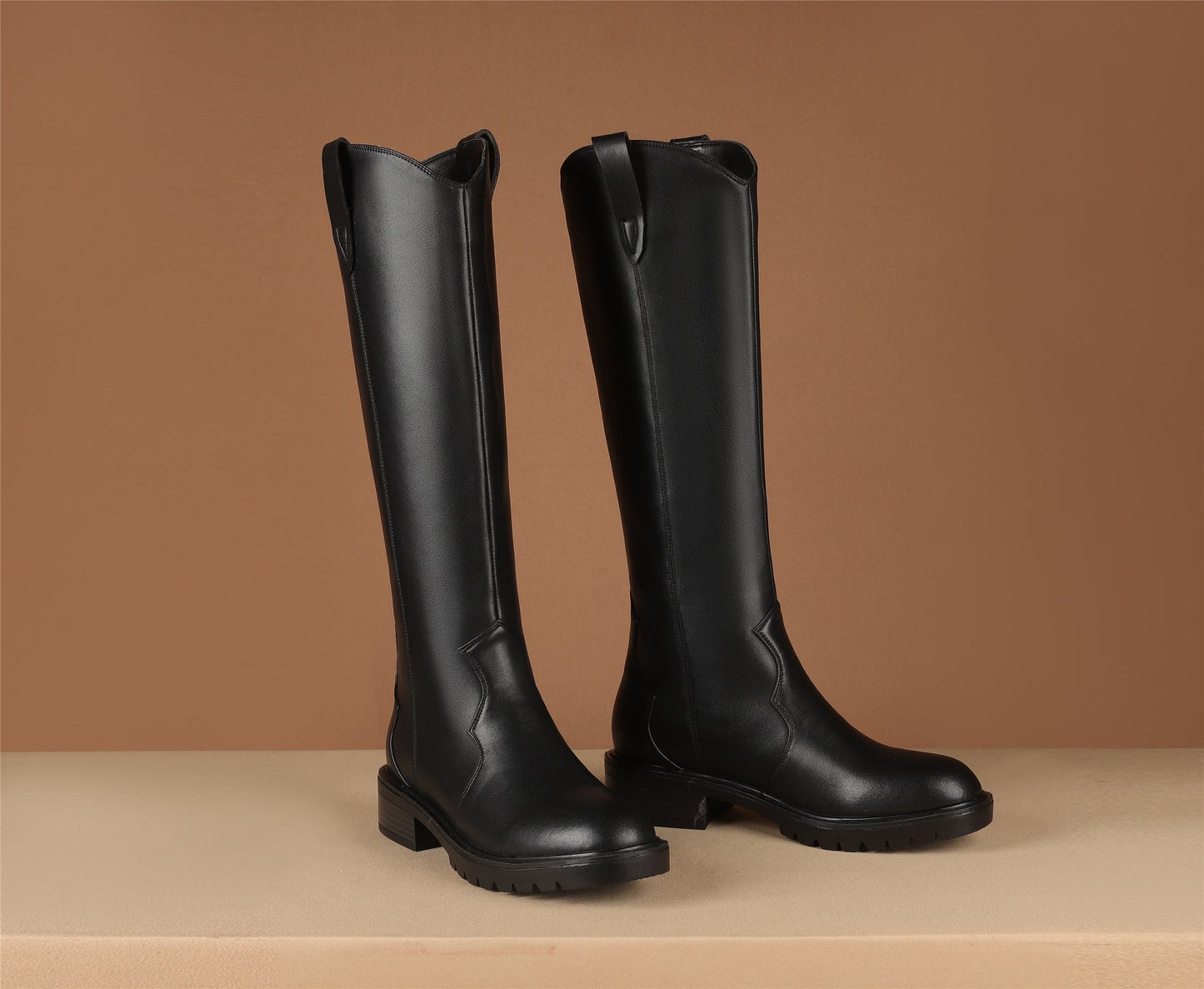 Nine Seven Women's Round Toe Genuine Leather Handmade Low Chunky Heels Stylish Slip On Knee High Boots