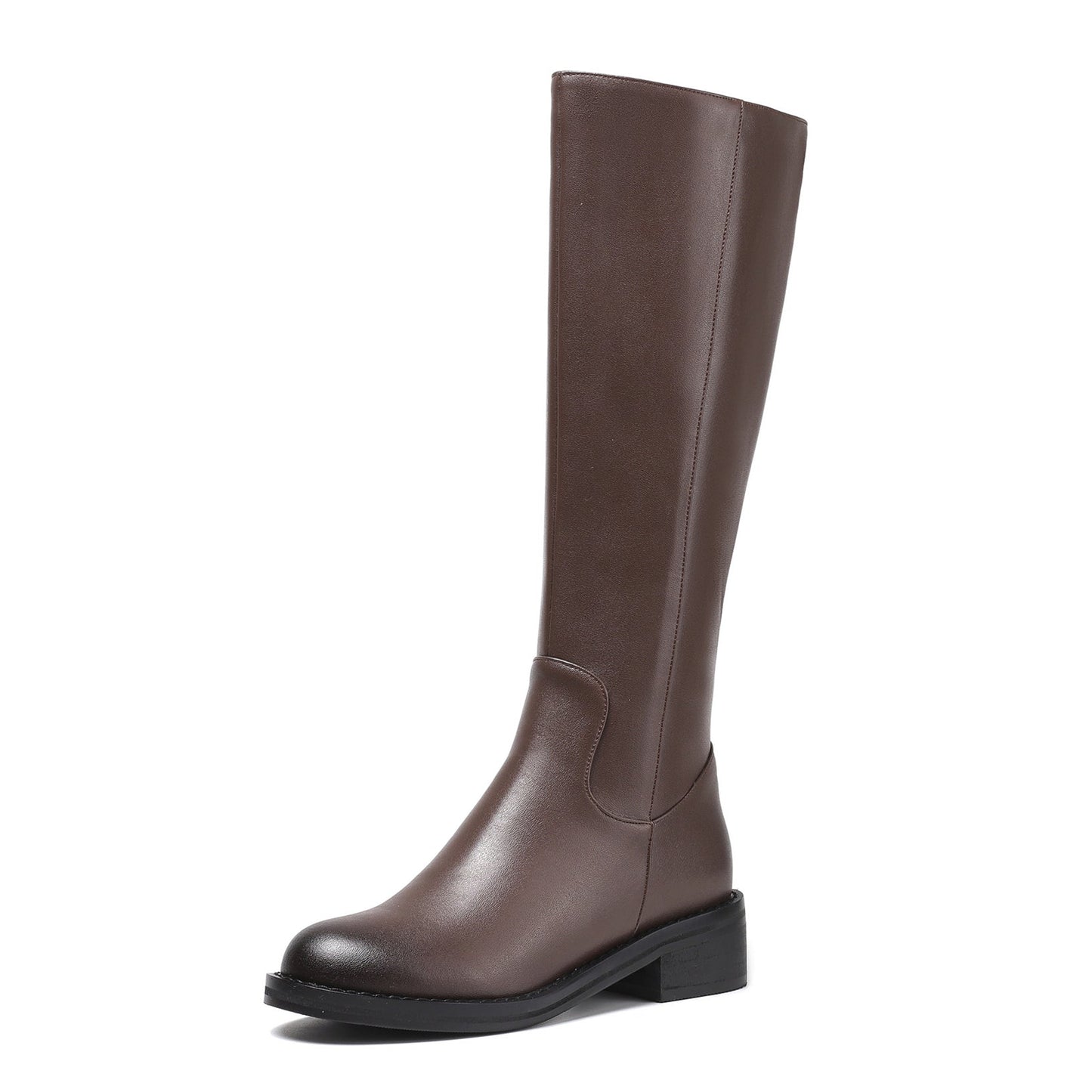 Nine Seven Round Toe Genuine Leather Handmade Side Zipper Comfort Low Chunky Heels Women's Knee High Boots