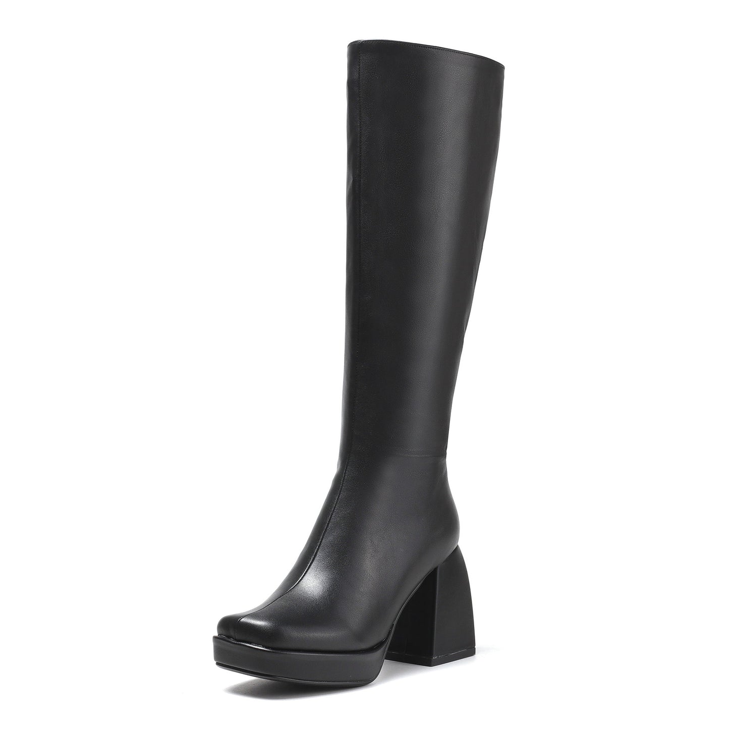 Nine Seven Women's Genuine/Patent Leather Square Toe Handmade Zipper Chunky Heels Chic Knee High Boots with Platform