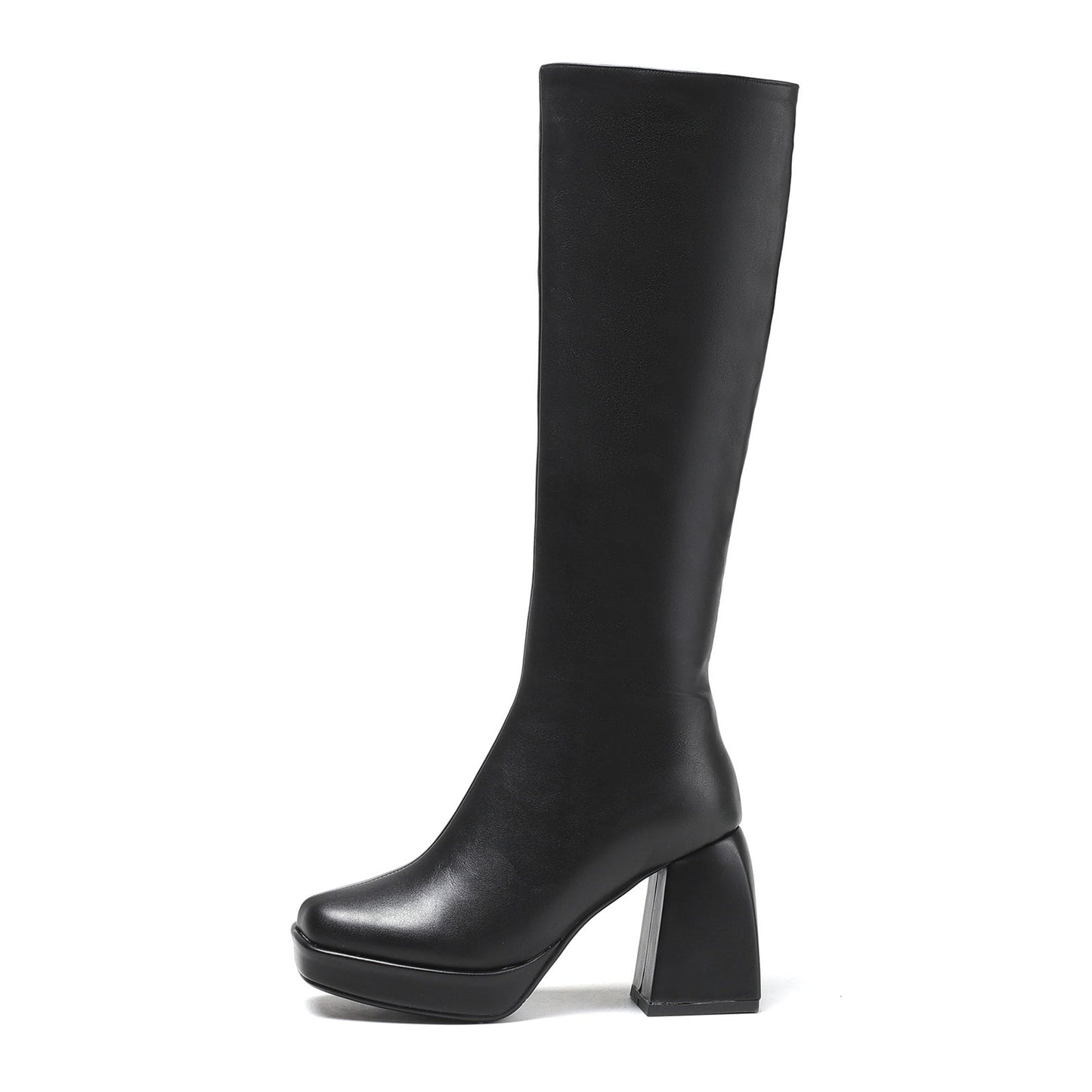 Nine Seven Women's Genuine/Patent Leather Square Toe Handmade Zipper Chunky Heels Chic Knee High Boots with Platform