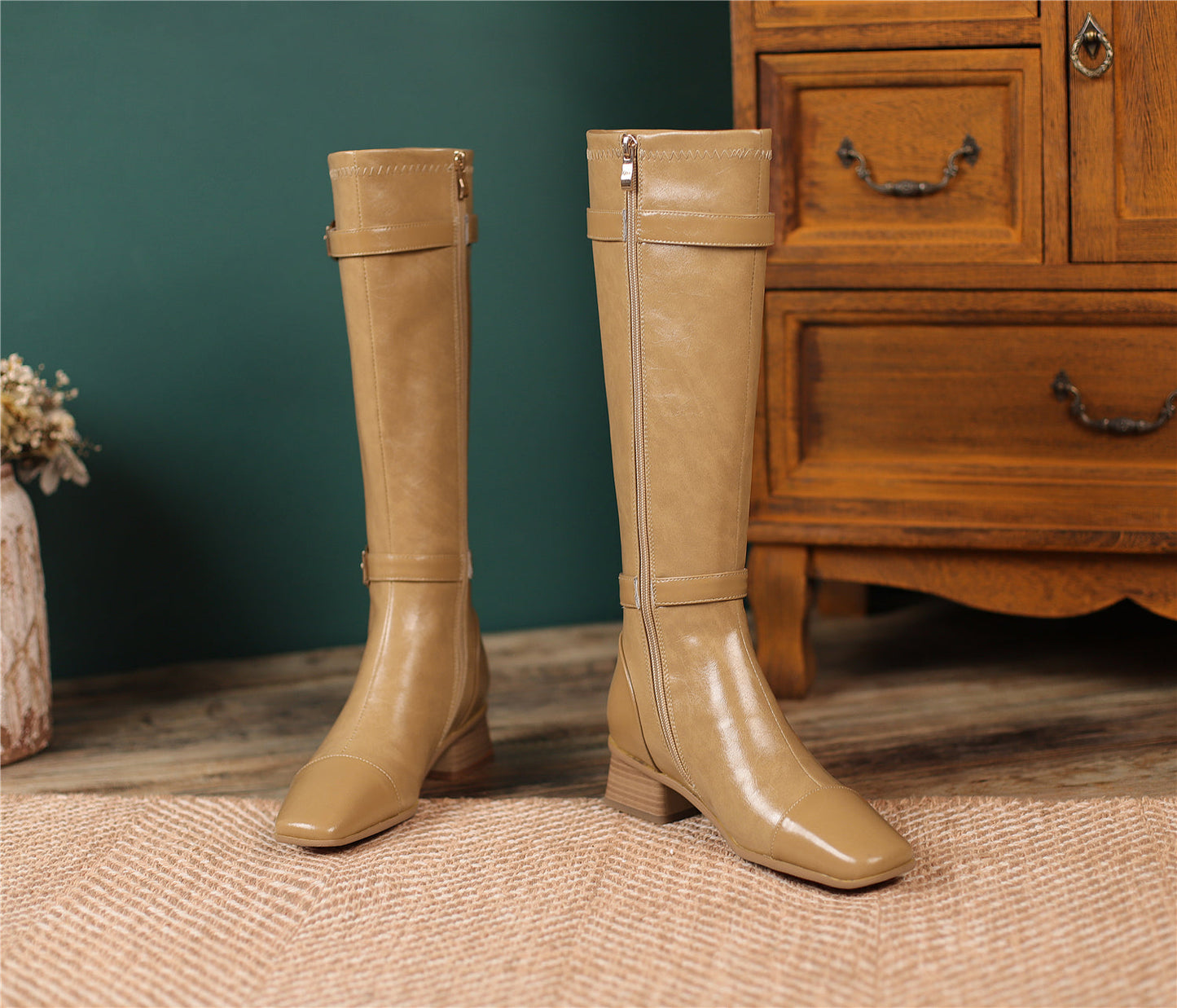 Nine Seven Women's Square Toe Genuine Leather Handmade Zipper Chunky Heels Trendy Knee High Boots with Buckles