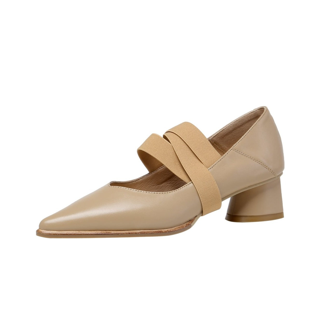 Nine Seven Women's Genuine Leather Pointed Toe Handmade Elastic Band Low Chunky Heel Comfort Pumps Shoes