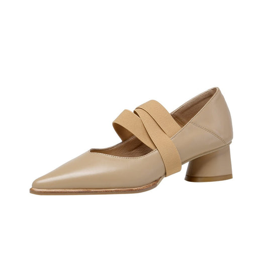 Nine Seven Women's Genuine Leather Pointed Toe Handmade Elastic Band Low Chunky Heel Comfort Pumps Shoes