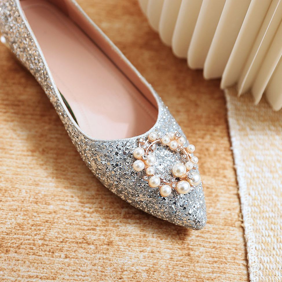 Nine Seven Women's Handmade Glitter Pointed Toe Pearls Pattern Slip On Flat Weeding Shoes