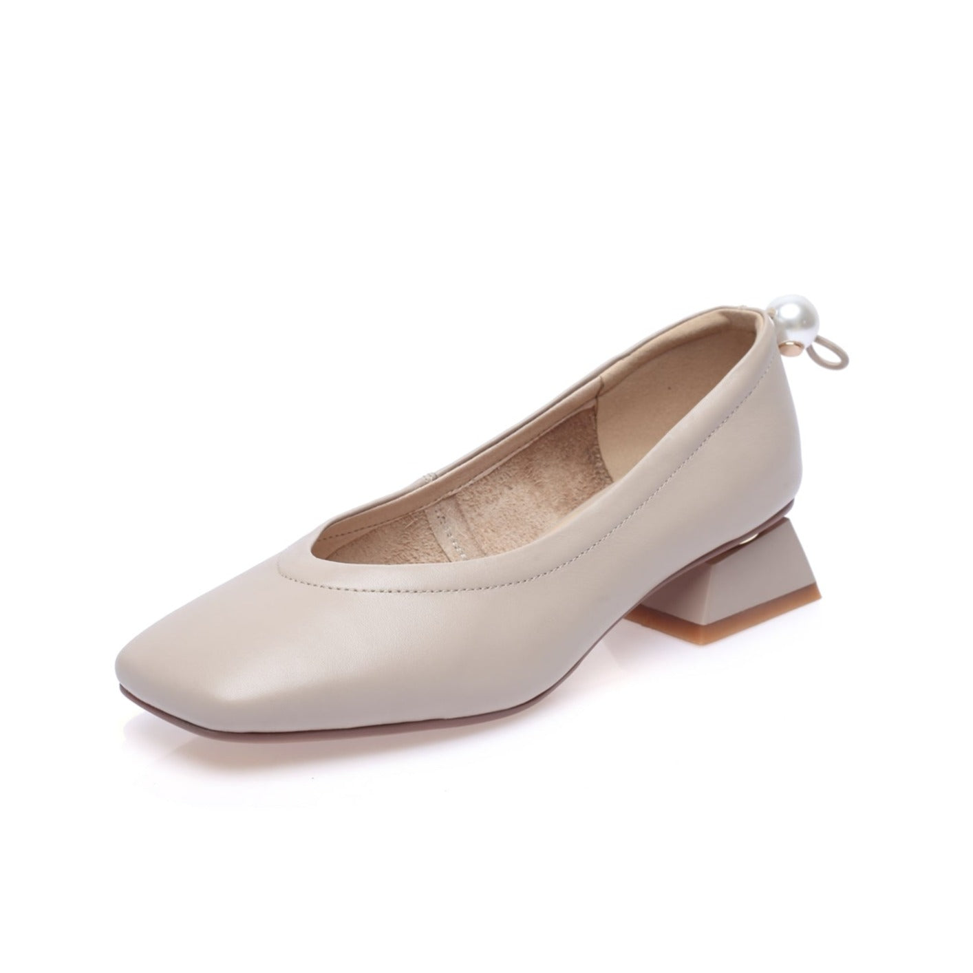 Nine Seven Genuine Leather Women's Handmade Square Toe Low Chunky Heel Slip On Loafer Pump Shoes with Pearl