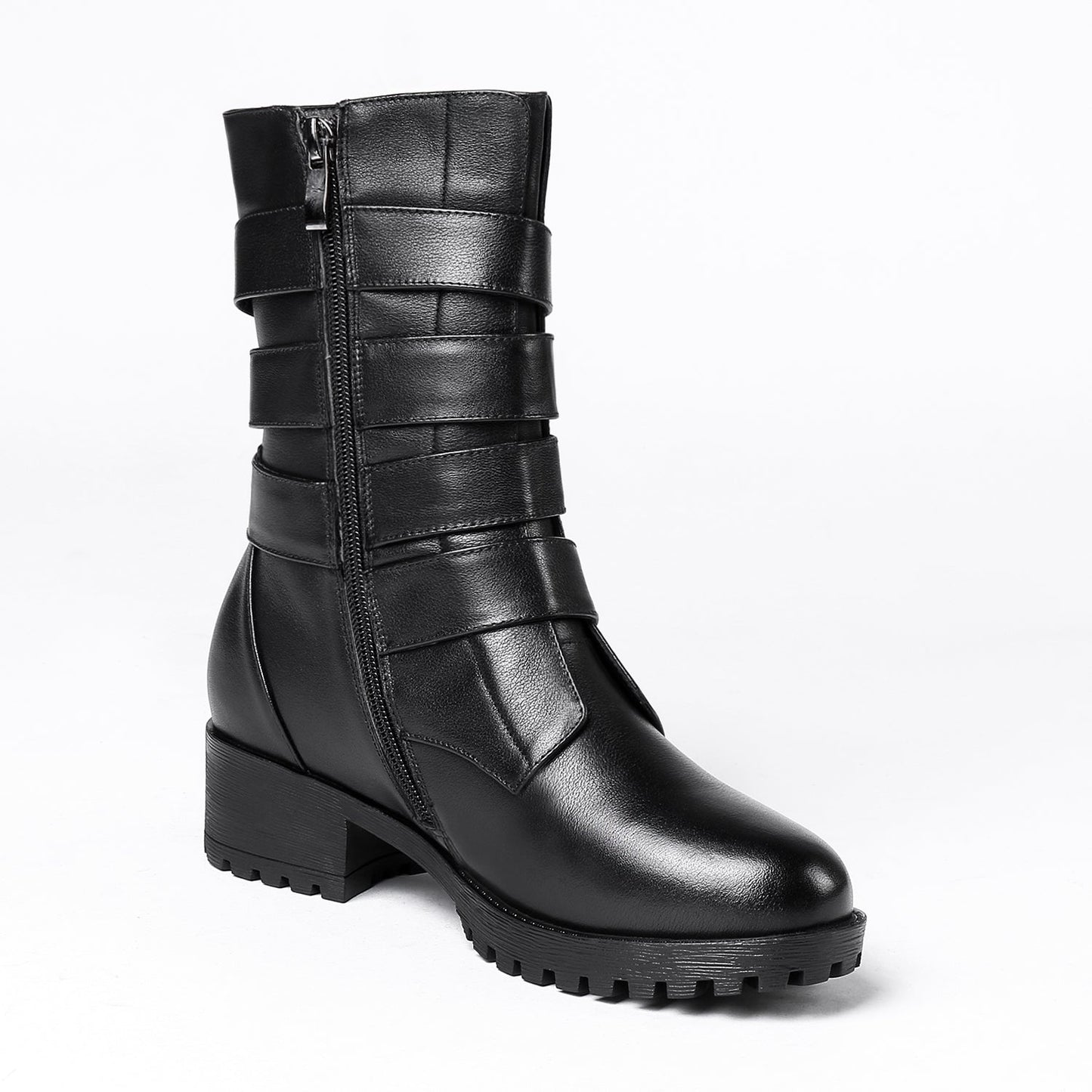 Nine Seven Women's Round Toe Genuine Leather Handmade Buckle Belt Zip Up Chic Mid Calf Boots
