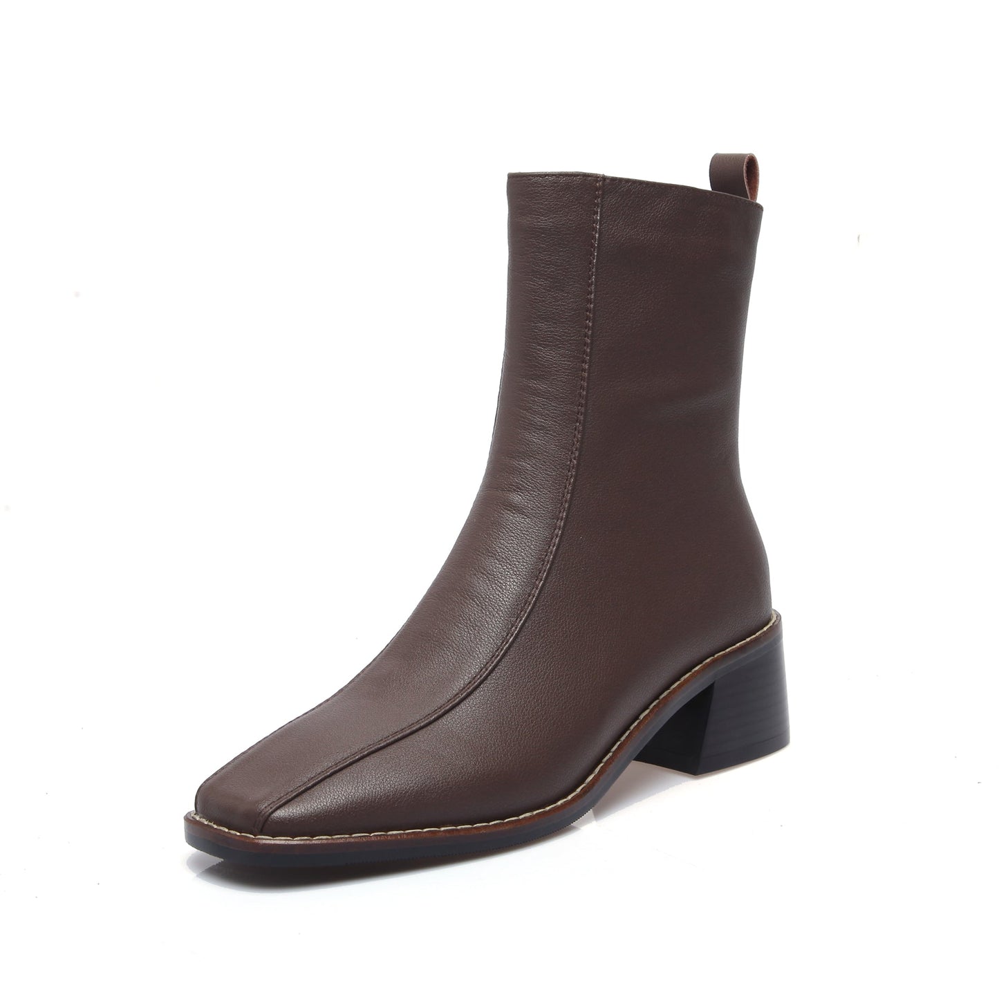 Nine Seven Women's Genuine Leather Square Toe Side Zip Up Handmade Low Chunky Heel Chic Mid-Calf Boots