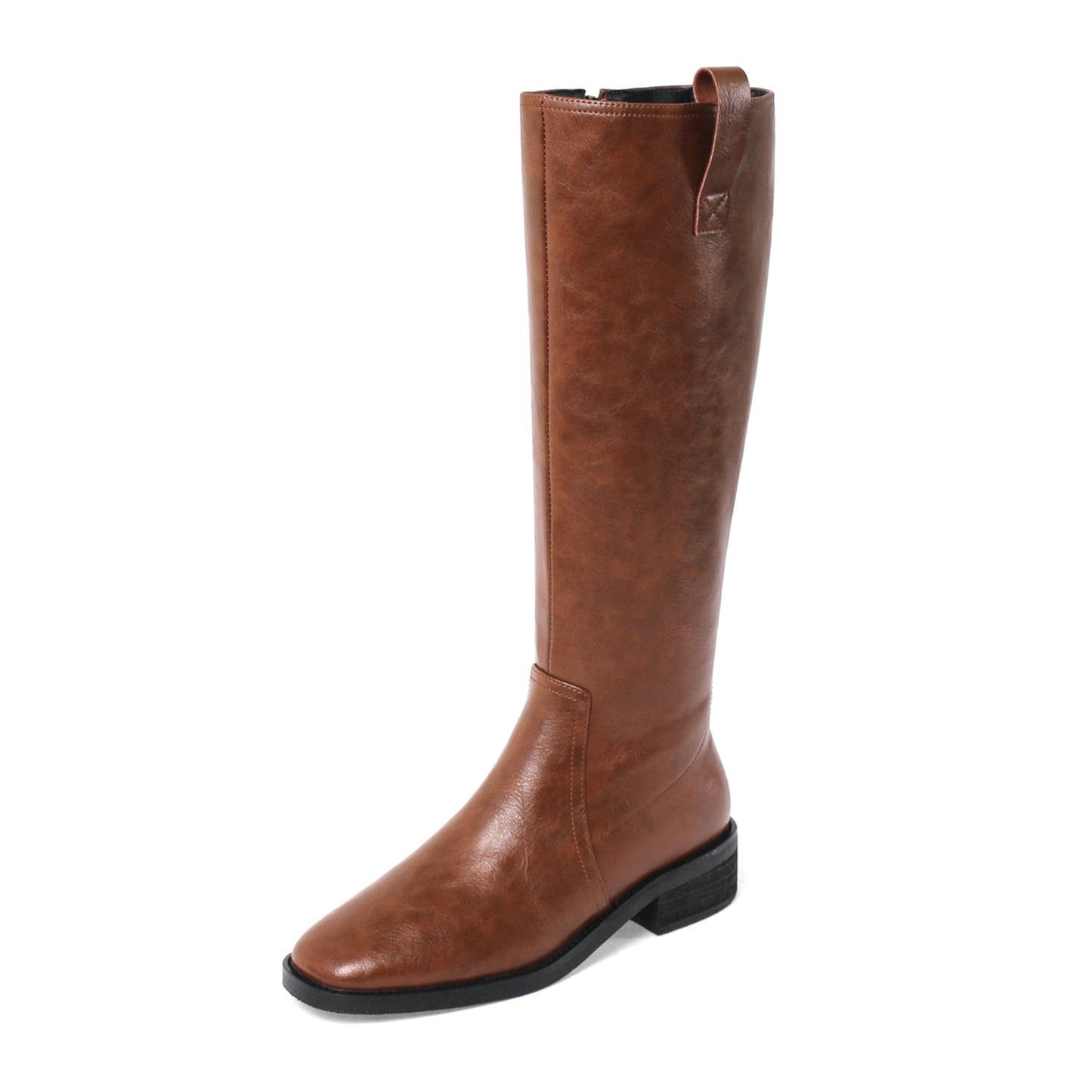 Nine Seven Women's Handmade Genuine Leather Round Toe Low Block Heel Side Zip Up Western Style Knee High Riding Boots