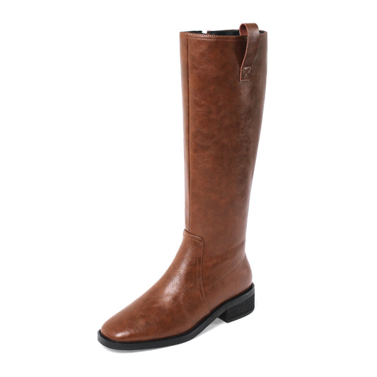 Nine Seven Women's Handmade Genuine Leather Round Toe Low Block Heel Side Zip Up Western Style Knee High Riding Boots