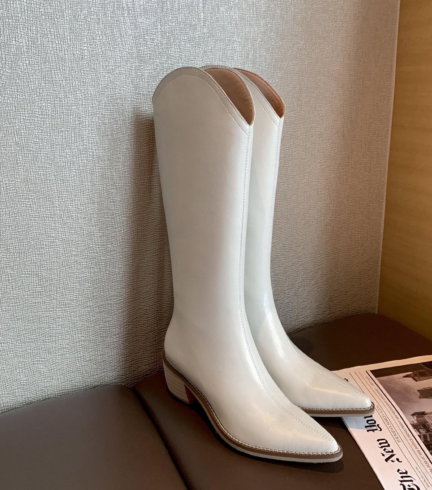 Nine Seven Women's Handmade Genuine Leather Pointed Toe Comfort Mid Block Heel Side Half Zip Up Cowboy Knee High Boots