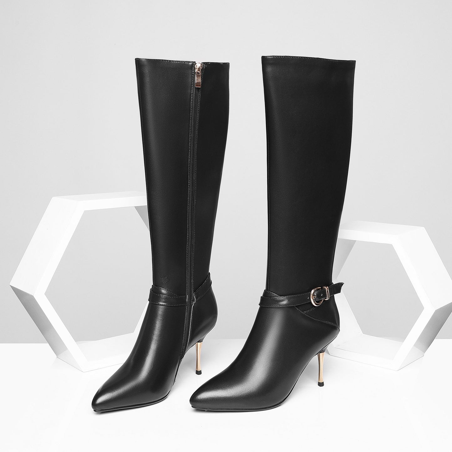 Nine Seven Women's Genuine Leather Sexy Pointed Toe High Stiletto Heel Handmade Side Zip Knee High Boots with Buckle