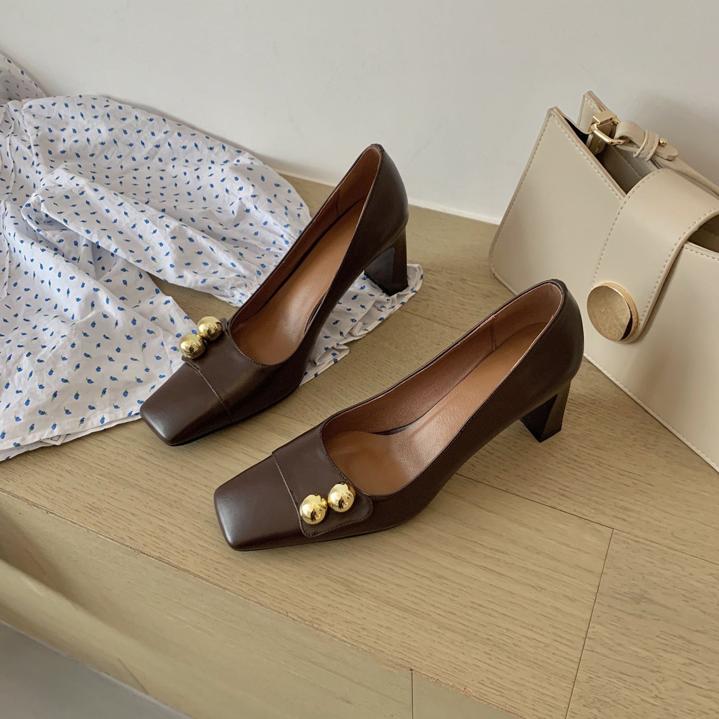 Nine Seven Women's Genuine Leather Square Toe Handmade Mid Brick Heels Slip On Fashion Pumps Shoes