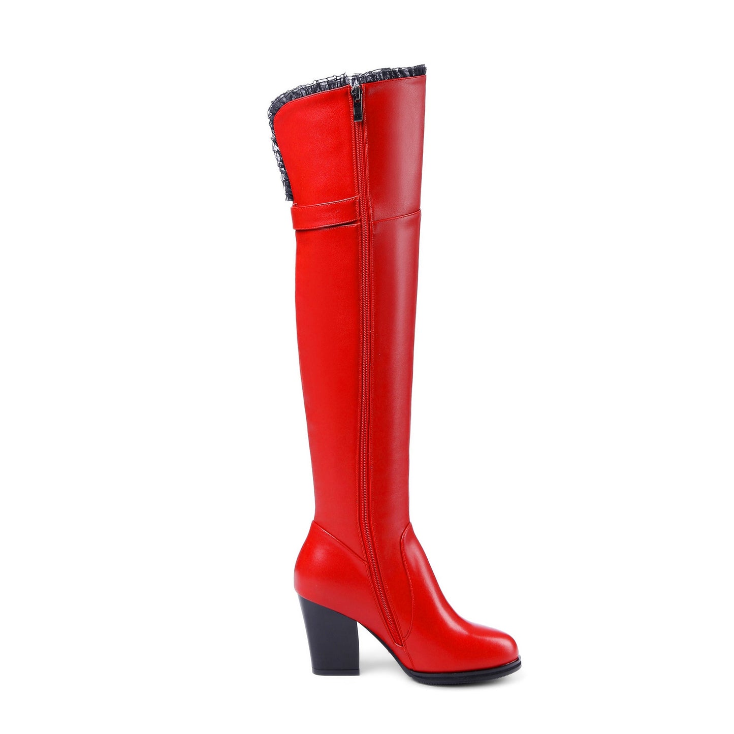 Nine Seven Genuine Leather Women's Handmade Round Toe Side Zip Up High Chunky Heel Over the Knee Boots with Cool Buckle