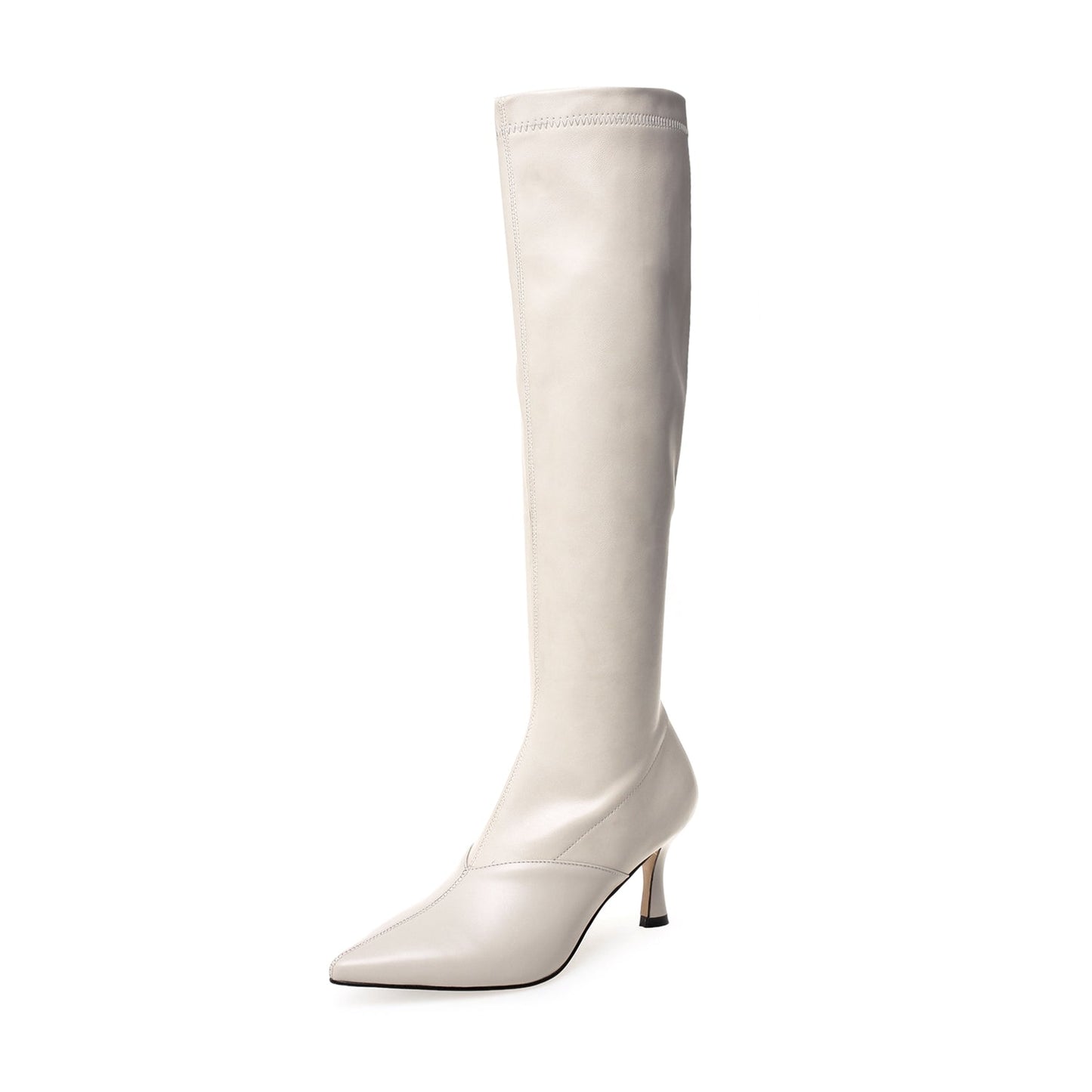 Nine Seven Women's Handmade Genuine Leather with Elastic Fabric Pointed Toe Side Zip Mid Heel Stylish Knee High Boots