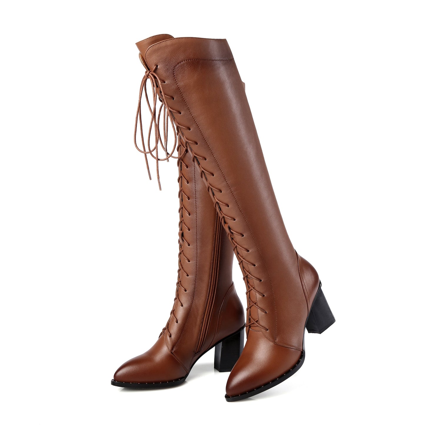 Nine Seven Women's Genuine Leather Pointed Toe Sylish Sleftie Handmade Side Zipper Mid Chunky Heel Knee High Boots
