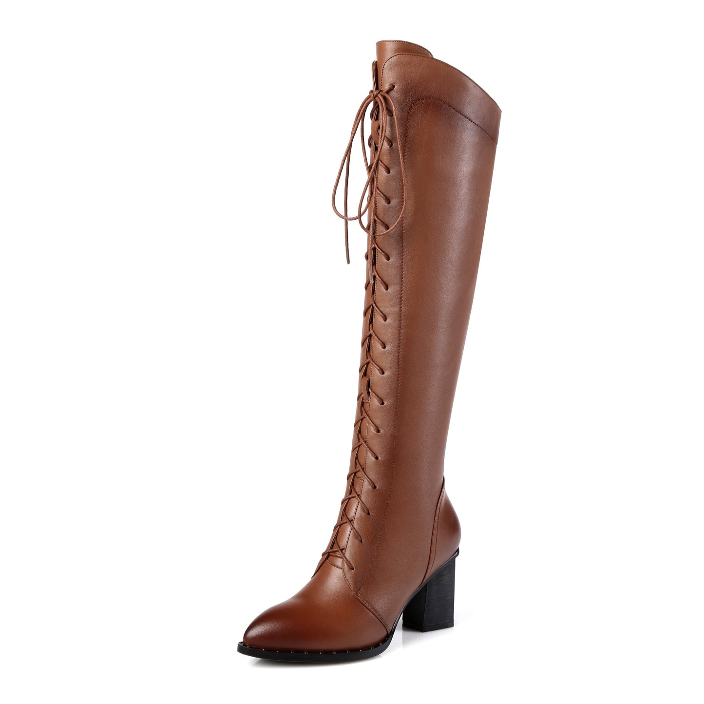 Nine Seven Women's Genuine Leather Pointed Toe Sylish Sleftie Handmade Side Zipper Mid Chunky Heel Knee High Boots