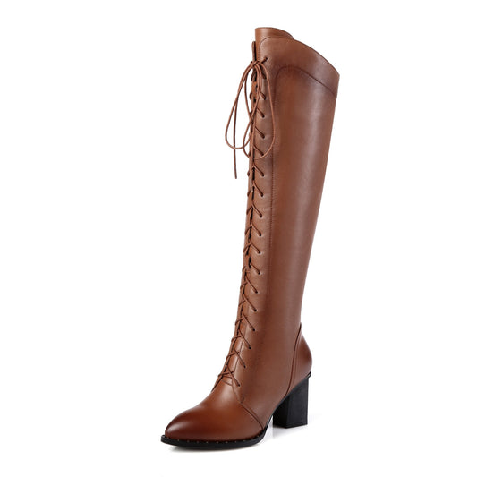 Nine Seven Women's Genuine Leather Pointed Toe Sylish Sleftie Handmade Side Zipper Mid Chunky Heel Knee High Boots